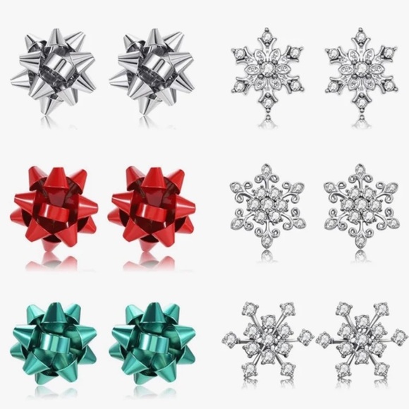 6 Pairs Christmas Bow / Snowflake Earrings for Women - Picture 1 of 2
